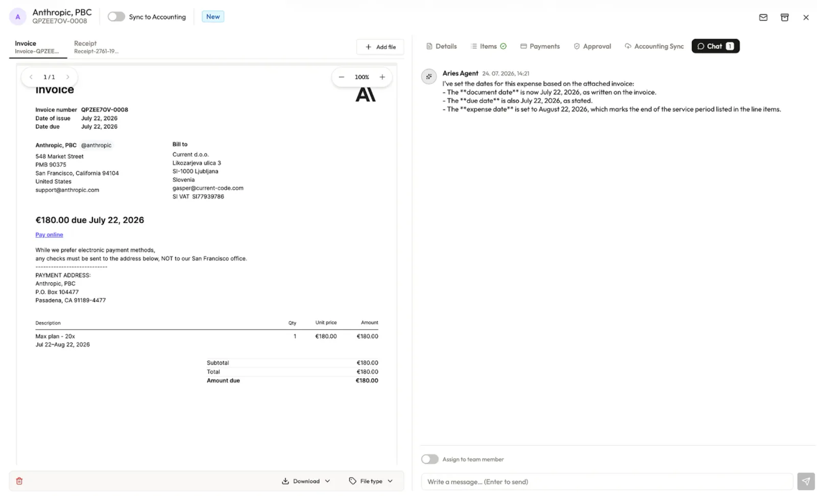 Aries Agent reviews invoices and answers questions in plain language
